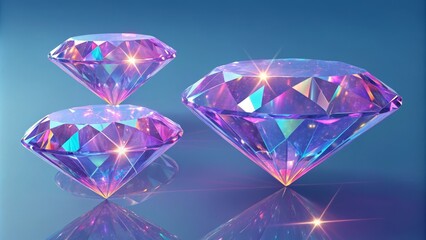 Vibrant iridescent diamonds with prism effects on blue background