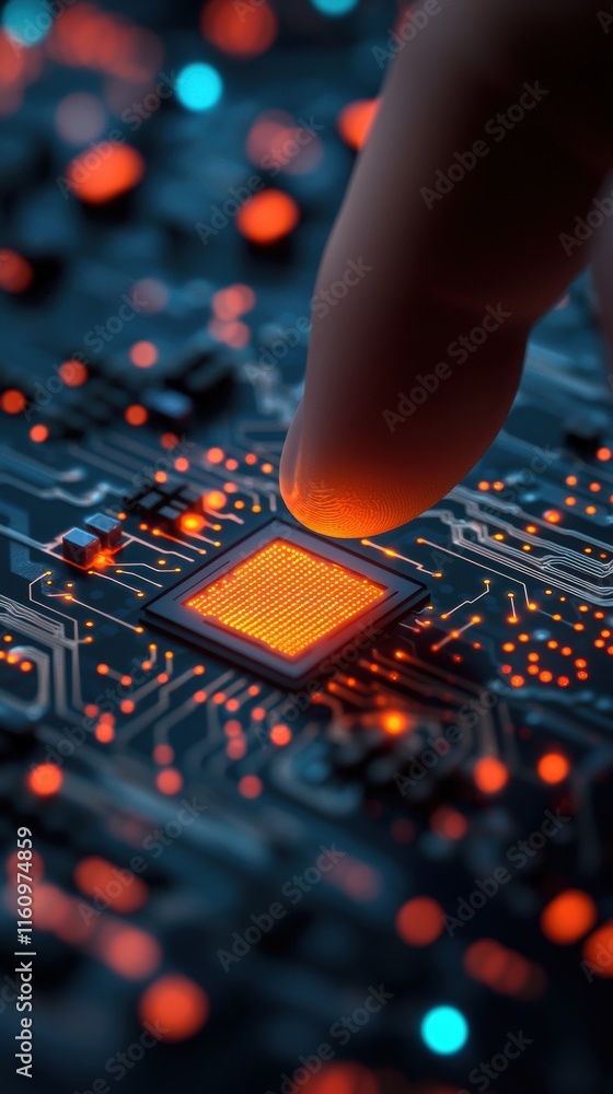 Poster close-up of fingertip touching glowing microchip on circuit board