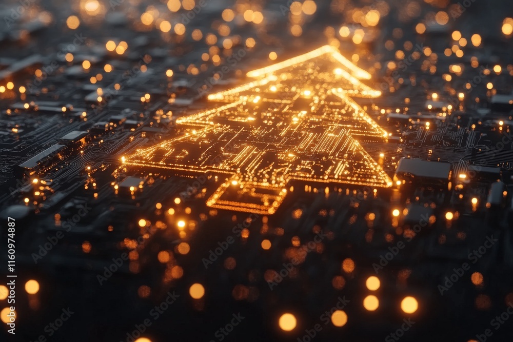 Poster glowing christmas tree design illuminated on a circuit board with festive lights in a digital settin