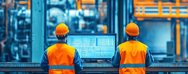Two male workers in orange vests and hard hats monitor production data on a computer screen in an industrial setting.