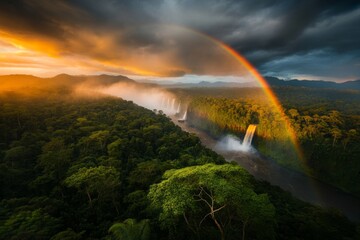 A rainbow arching across IguazÃº Falls, captured from a viewing platform surrounded by jungle vegetation