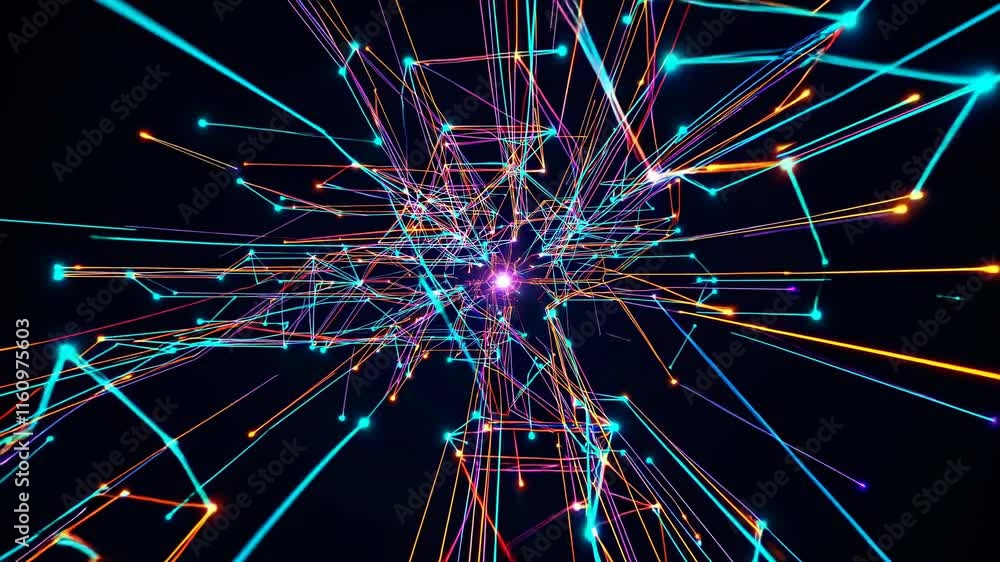 Poster dynamic abstract visualization of interconnected lines and nodes glowing in vibrant colors