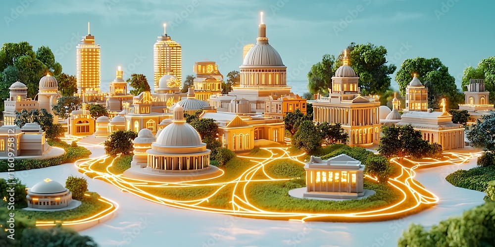 Aufkleber luminous cityscape showcasing intricate architectural structures illuminated by glowing light pathwa