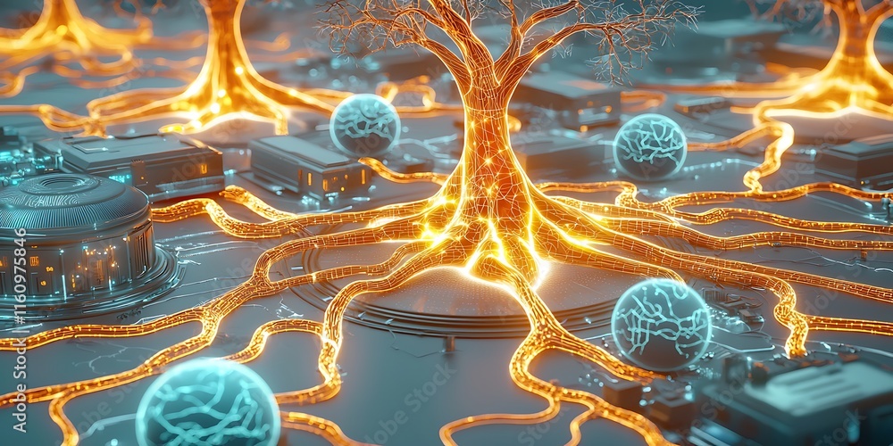 Poster abstract representation of an interconnected digital ecosystem featuring glowing trees, neon lumines