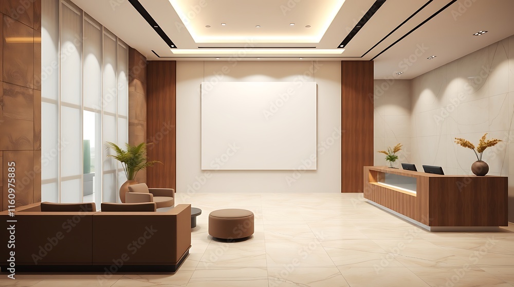 Poster modern lobby reception area: a sleek and inviting space, bathed in soft light and featuring a minima