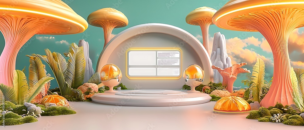 Poster futuristic virtual environment with colorful mushroom structures, lush greenery, and modern design e