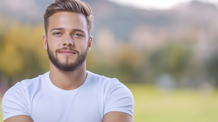 Fototapeta premium Close-up Photo: Confidently Smiling Man Outdoors in a Serene Park Setting. AI Generated