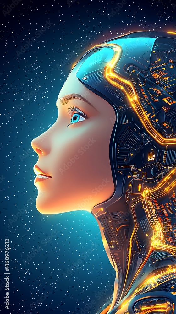 Poster futuristic portrait of a female android with illuminated circuitry and starry background, representi