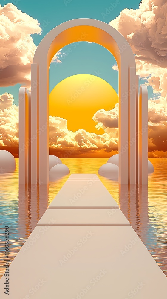 Poster ethereal pathway in a surreal landscape with soft clouds and a vibrant sunset, inviting reflection a