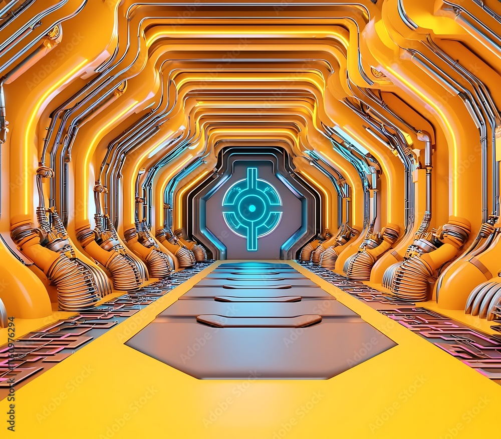Poster futuristic sci-fi corridor in vibrant orange and blue lighting with high-tech elements and geometric