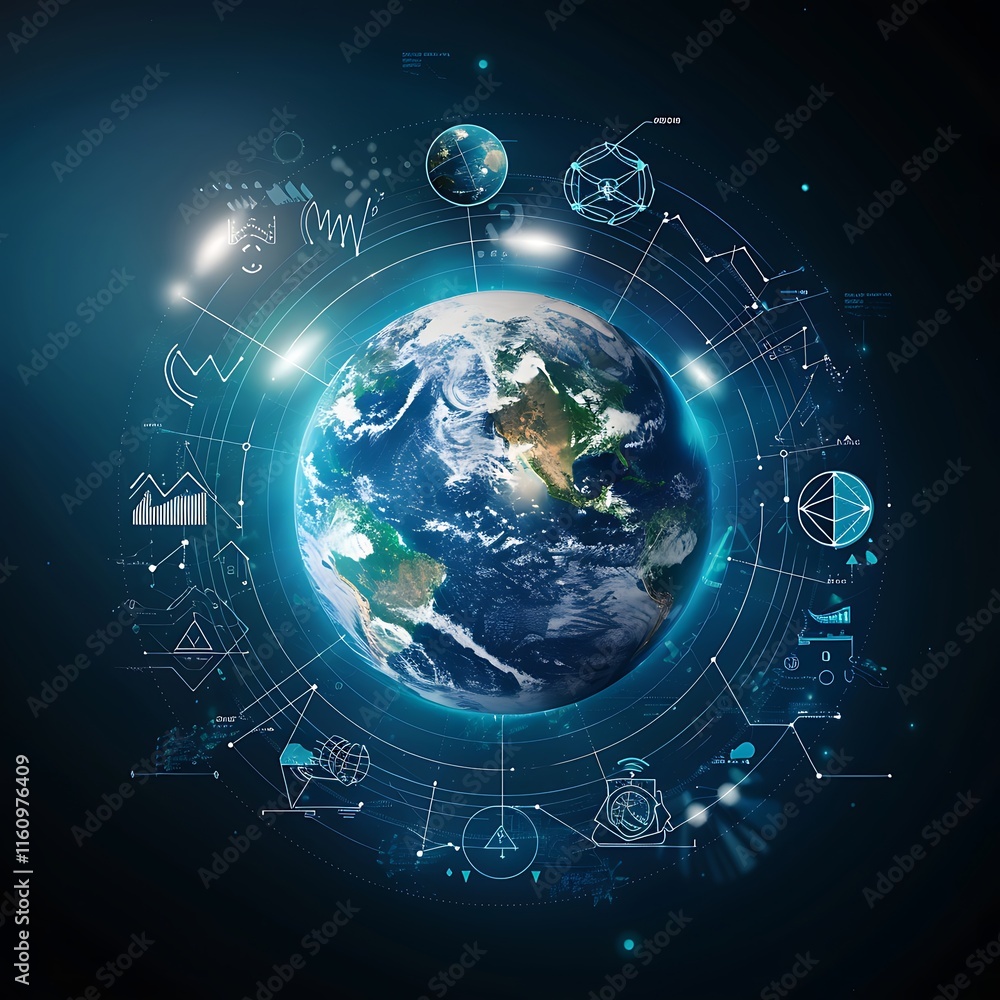 Poster the earth surrounded by glowing data visualization icons and lines, representing global connectivity