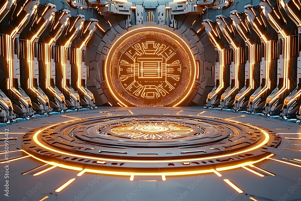 Poster futuristic sci-fi interior with glowing circular patterns and metallic walls, creating an advanced t