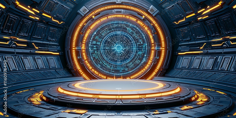 Poster futuristic sci-fi interface with glowing circular portal, intricate technology, and high-tech ambian