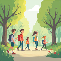 Students going school illustration vector design, Students going to school in natural background