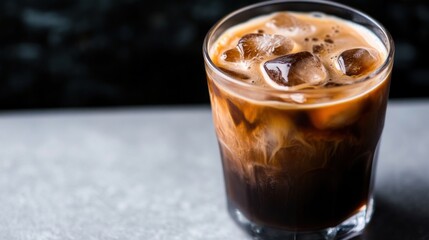 A glass of iced coffee with ice cubes, showcasing a refreshing drink.