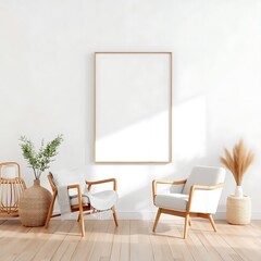 Minimalist Living Room Mockup: A serene and stylish living room interior with two comfortable chairs, a vase of greenery, and a large wooden frame ready for your design. Perfect for showcasing art.