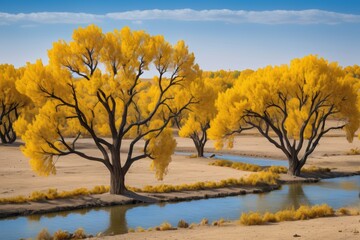 Fototapeta premium trees with yellow leaves are next to a small river
