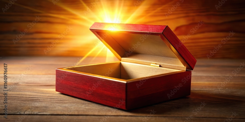 Poster an open wooden box on a rustic wooden background with a beam of light shining from within.