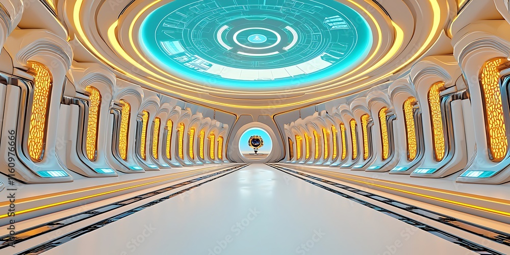 Poster futuristic sci-fi corridor with high-tech design, illuminated panels, and advanced technology. a spa