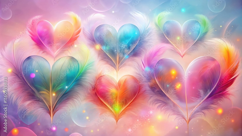 Poster a vibrant and ethereal arrangement of hearts, each crafted from delicate feathers in a kaleidoscope 