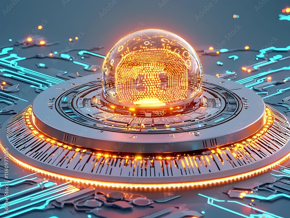 Poster futuristic technology concept with a glowing orb on circuit board surface representing innovation, d