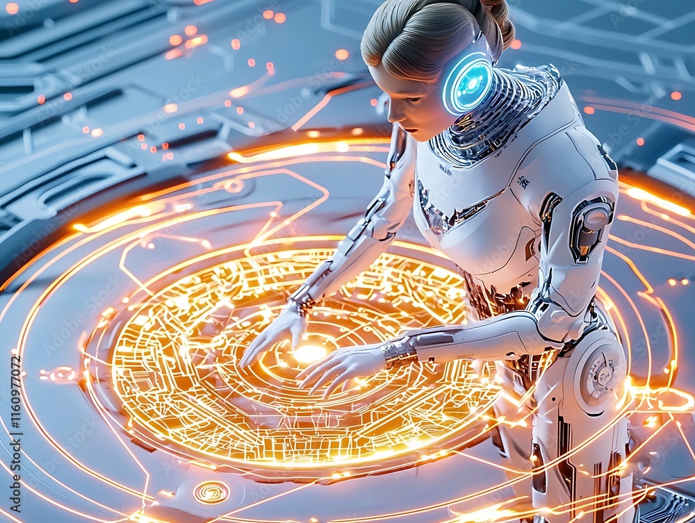 Poster futuristic female robot engaging with holographic interface amidst a high-tech environment surrounde