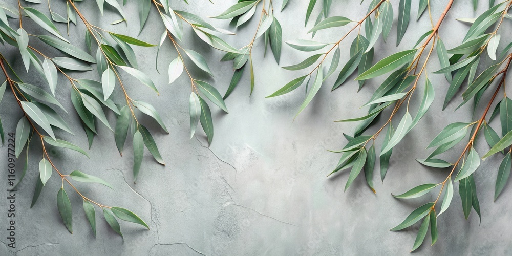 Poster eucalyptus leaves arranged in a frame on a gray background