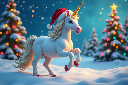 unicorn santa hat depicts magical christmas scene vibrant colors joyful festive