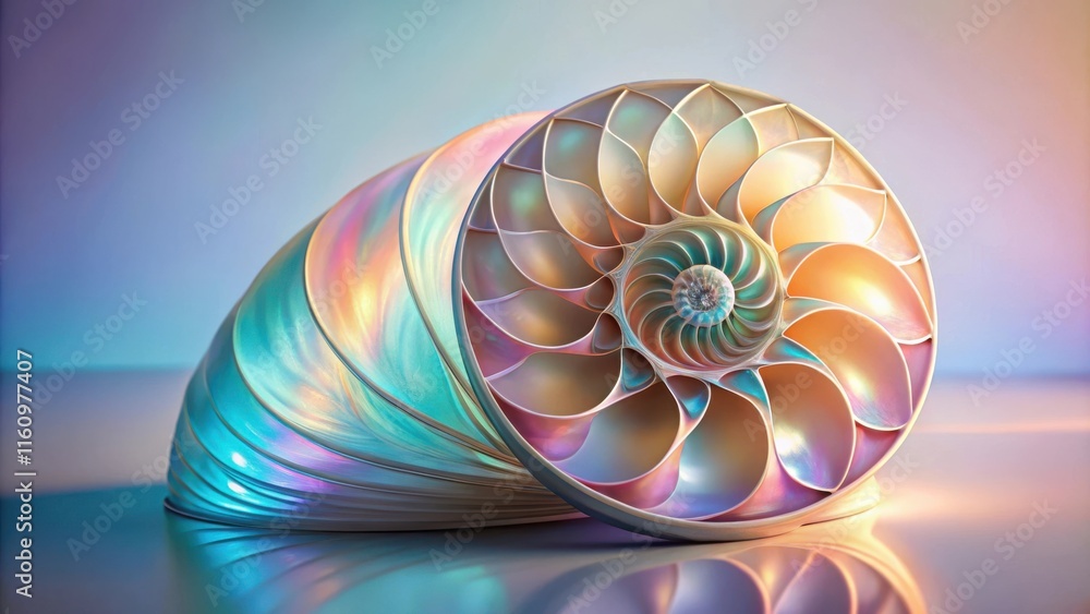 Poster A pearlescent nautilus shell with iridescent colors and a delicate spiral pattern, reflecting light on a smooth surface.