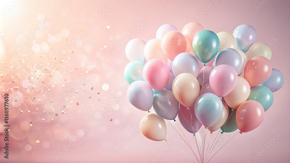 Aufkleber a cluster of pastel balloons floating against a soft pink background with sparkling gold confetti sc