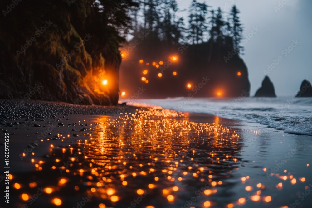 Poster a serene beach where the waves appear to transform into glowing ribbons of light, sparking creative 