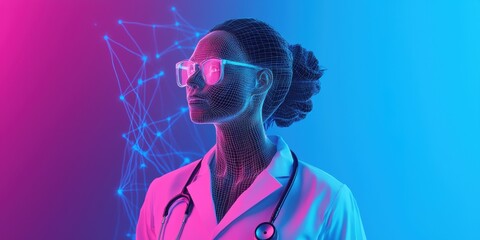 Futuristic Healthcare Professional with Digital Wireframe Design