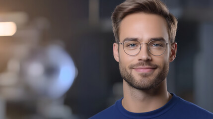 Fototapeta premium Close-up Photo: Smiling Man with Glasses, Softly Lit Studio Portrait. AI Generated