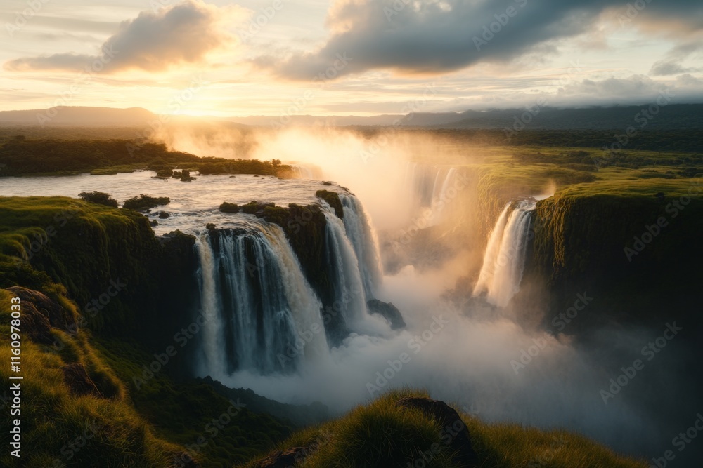 Poster a serene evening scene of iguazãº falls, with soft light and shadows creating a tranquil, dreamlike 