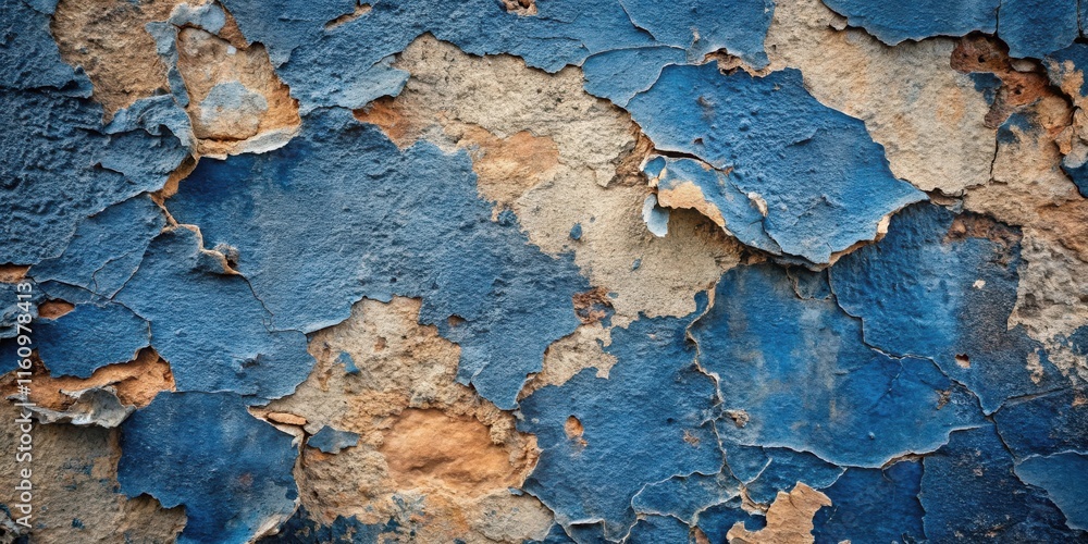 Poster a weathered wall with peeling blue paint revealing the underlying layers of the structure, showcasin