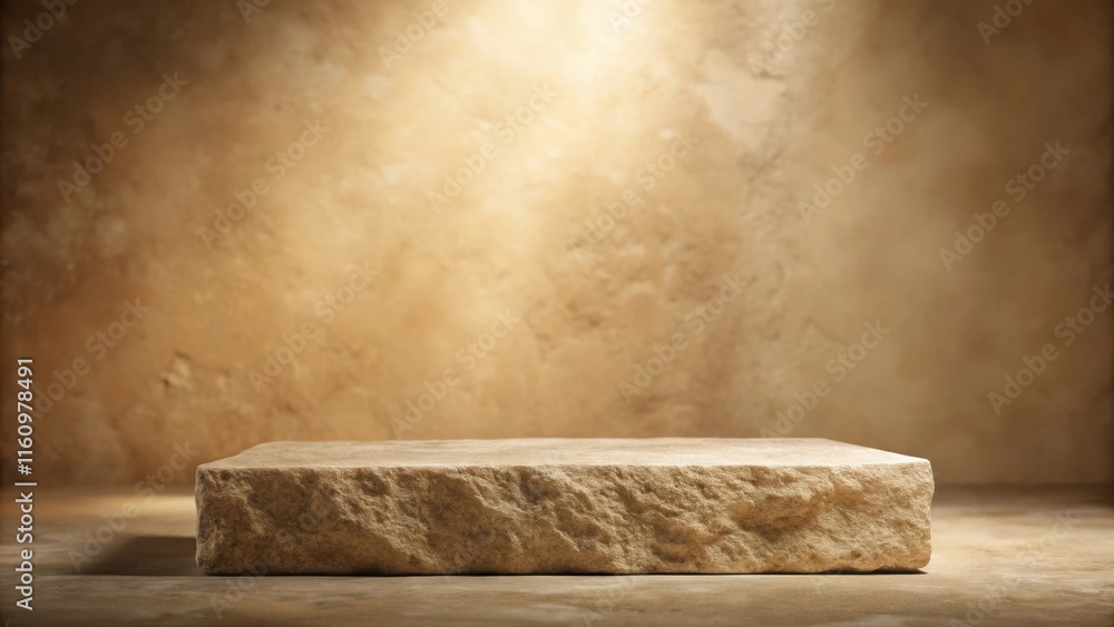Aufkleber a rough-hewn stone platform against a warm brown wall with a soft light source