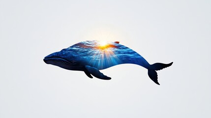A stylized whale silhouette filled with ocean scenery and sunlight.