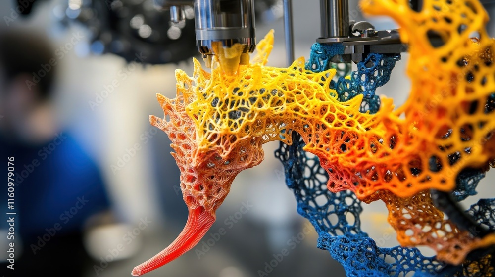 Poster 3d printer creating a colorful seahorse sculpture with intricate lattice structure.