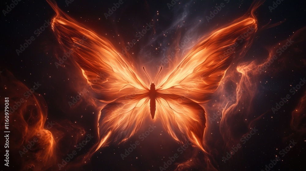 Poster fiery butterfly emerges from cosmic nebula abstract art digital creation space environment close-up 
