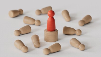3D illustration of pawns fallen on floor and a red one protected by a Wooden round table. Individual protection and insurance concept.3D rendering on white background.