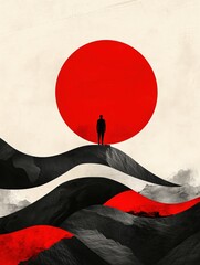 Minimalist Japanese Abstract Artwork with Red Sun, Silhouetted Figure, Flowing Black and Red Hills, and Dynamic Design