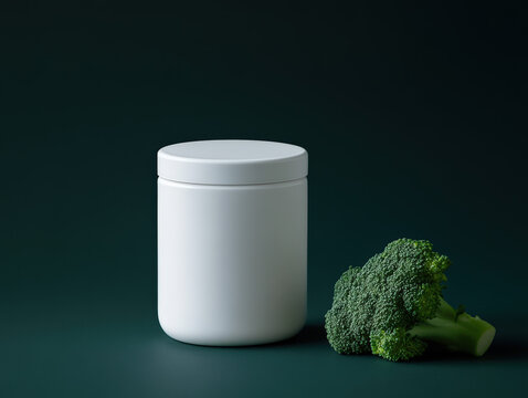 Photograph of a white supplement jar with broccoli on the right side, against a green background. The bottle is blank for design and has no labels or logos. 