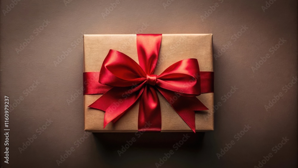 Poster a simple brown gift box tied with a large red bow on a brown background.