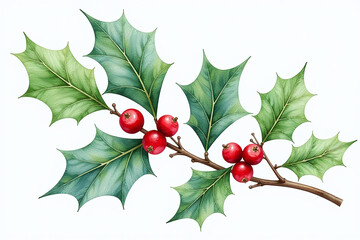 vibrant green leaves red berries adorn holly branch delicate watercolor closeup