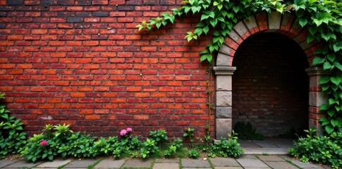 Distressed red brick wall with a stone archway and overgrown greenery, stone, ancient, ruins
