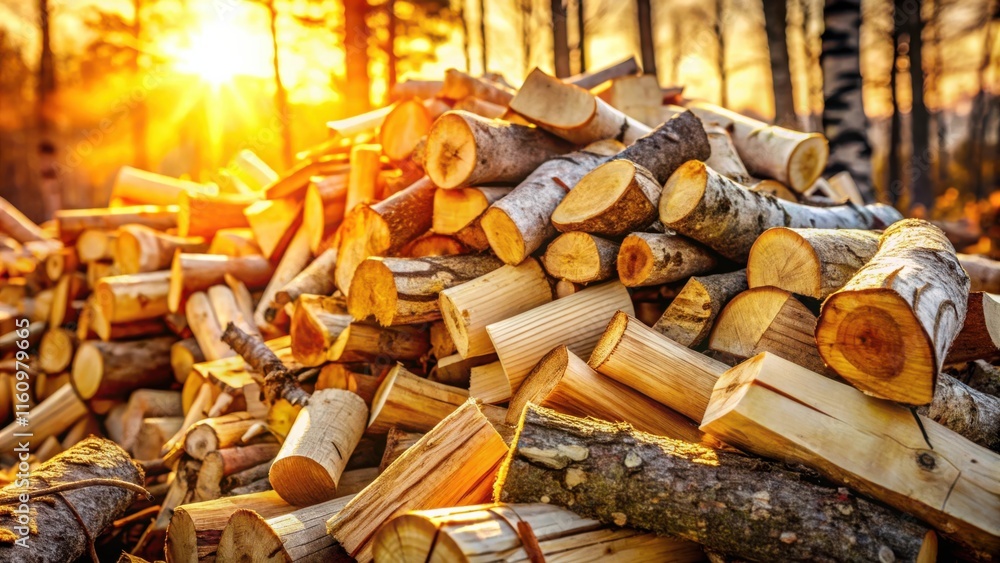 Poster A heap of neatly stacked firewood logs bathed in the warm glow of the setting sun, creating a rustic and inviting ambiance.