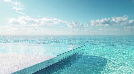 Obraz premium 3d render round platform on water and sand with glass wall panels. Minimal landscape mockup for product showcase banner in blue colors. Modern promotion mock up. Geometric background with empty space.