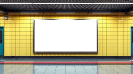 Blank Billboard Mockup: Subway Station Ad Space.  A blank billboard mockup in a subway station with yellow tiled walls and a glossy floor.