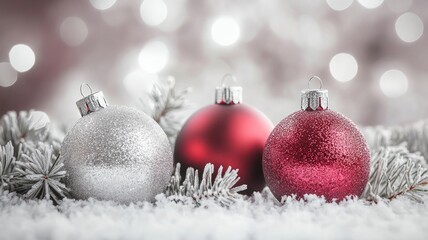 Festive Christmas Ornaments Resting In Snowy Scene