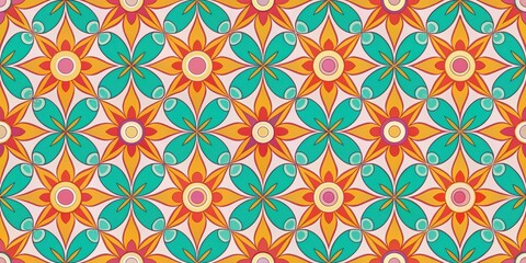 Fototapeta premium A seamless pattern of stylized flowers with teal, orange, yellow, pink, and white colors, creating a vibrant and symmetrical design.